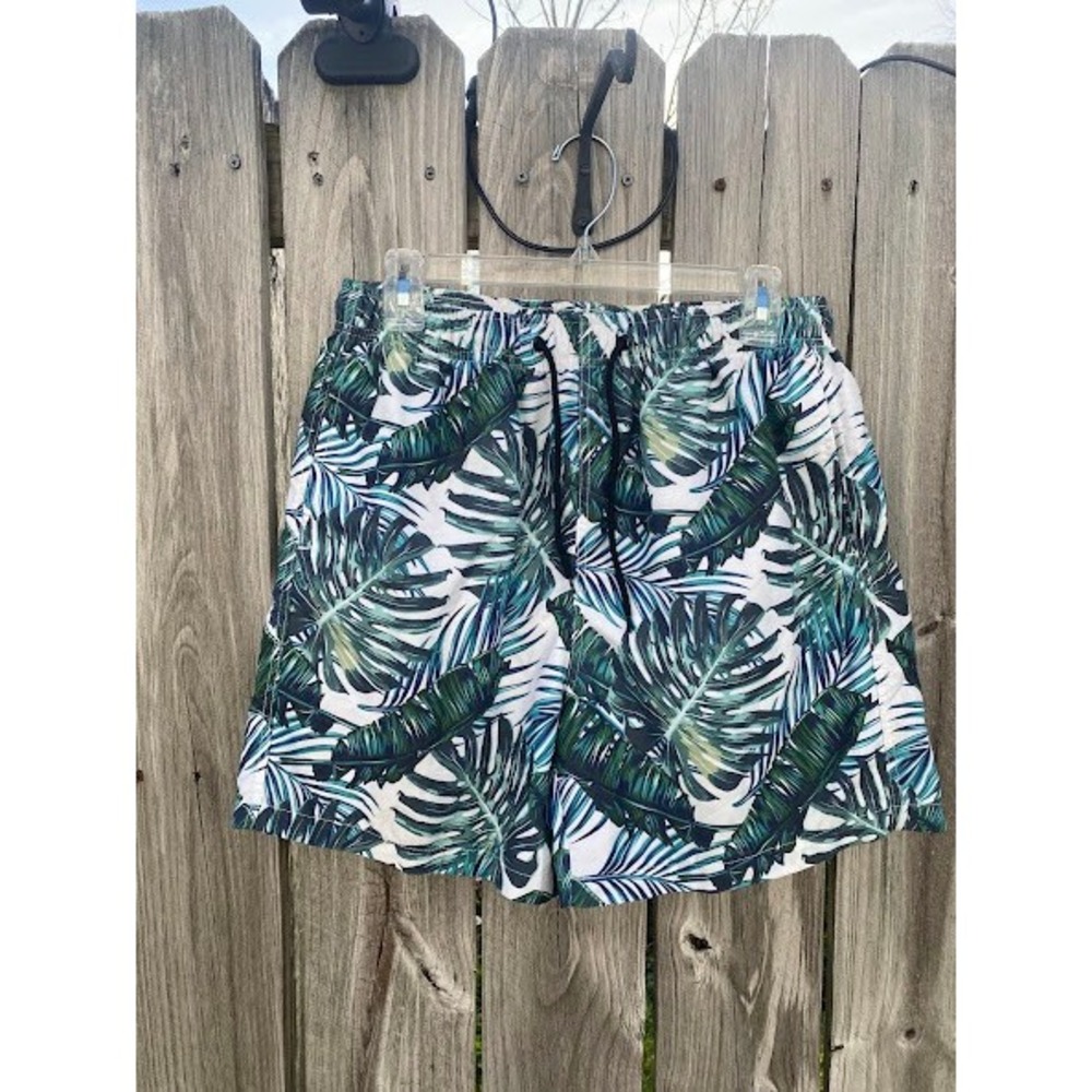 Shein Mens Tropical Palm Monstera Leaf Print Swim Trunks Green White Large
